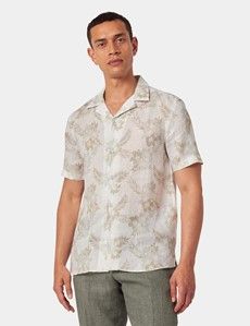 Slim Fit Beige & White Floral Linen Shirt - Short Sleeve