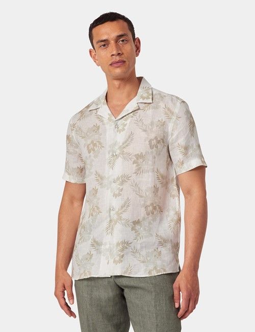 Beige & White Floral Pure Linen Slim Shirt - Short Sleeve - Revere Collar