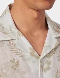 Slim Fit Beige & White Floral Linen Shirt - Short Sleeve