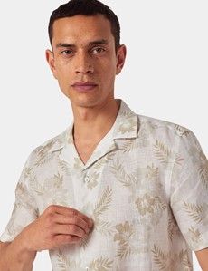 Slim Fit Beige & White Floral Linen Shirt - Short Sleeve