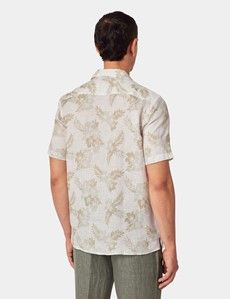 Slim Fit Beige & White Floral Linen Shirt - Short Sleeve