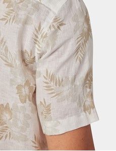 Slim Fit Beige & White Floral Linen Shirt - Short Sleeve