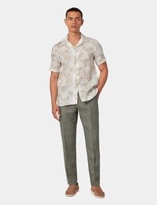 Slim Fit Beige & White Floral Linen Shirt - Short Sleeve