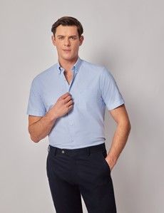 Regular Fit Blue Washed Oxford Shirt - Short Sleeve