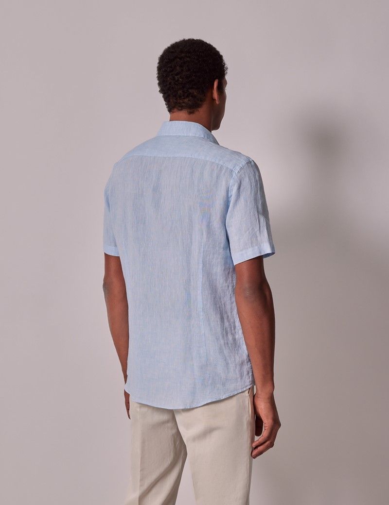 Men's Light Blue Linen Slim Short Sleeve Shirt | Hawes & Curtis