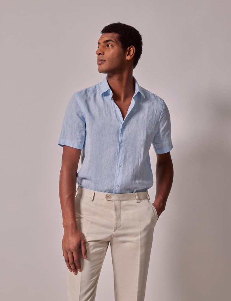 Men's Light Blue Linen Slim Short Sleeve Shirt | Hawes & Curtis