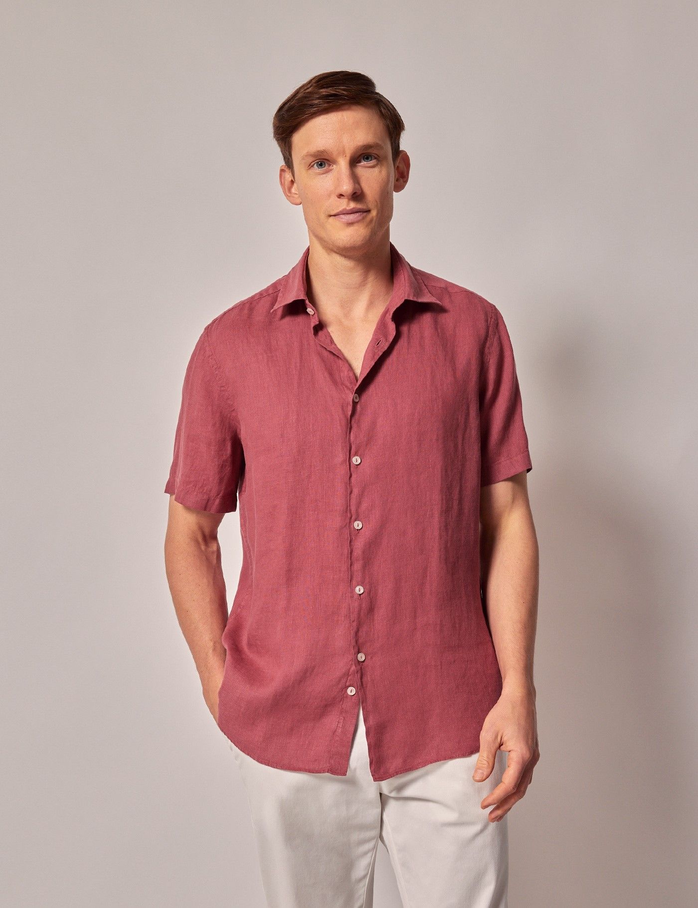 Men's Brick Red Linen Slim Shirt - Short Sleeve| Hawes & Curtis