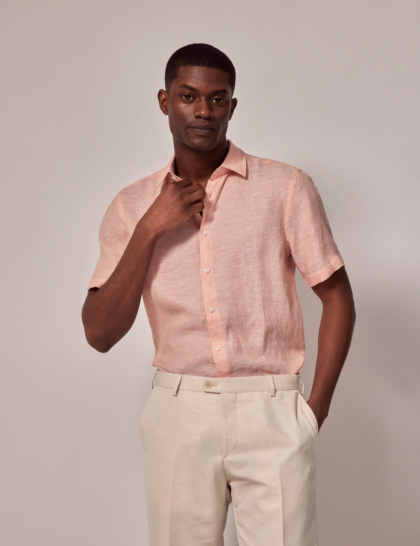 Men's Coral Linen Slim Short Sleeve Shirt | Hawes & Curtis