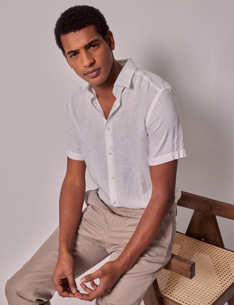 Men's White Linen Slim Short Sleeve Shirt | Hawes & Curtis