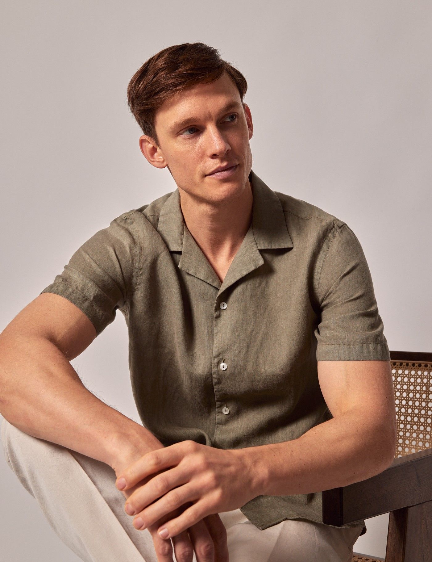 Men's Khaki Linen Slim Short Sleeve Shirt - Revere Collar | Hawes & Curtis