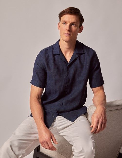 Navy Linen Slim Short Sleeve Shirt - Revere Collar