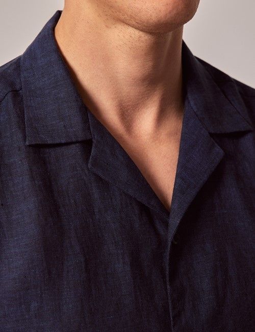 Navy Linen Slim Short Sleeve Shirt - Revere Collar-preview