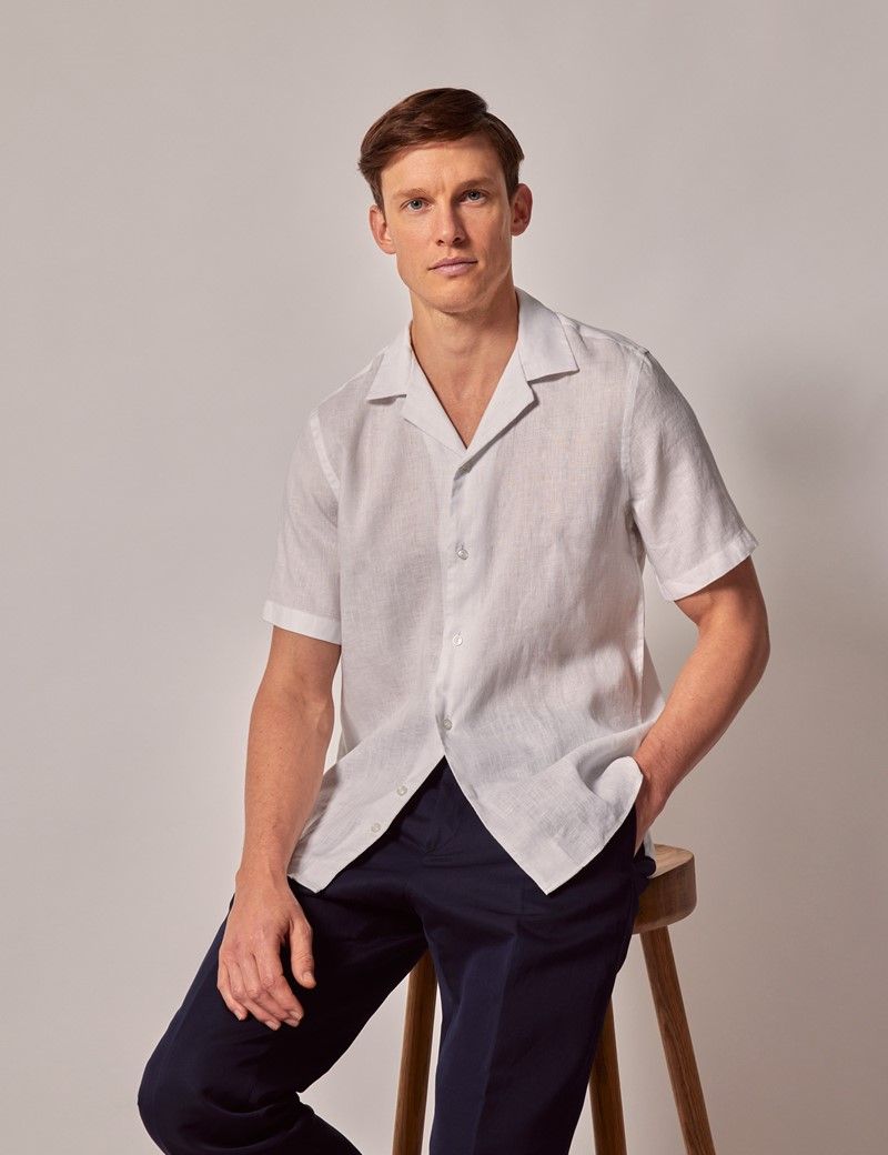 Men's White Linen Slim Short Sleeve Shirt - Revere Collar | Hawes & Curtis