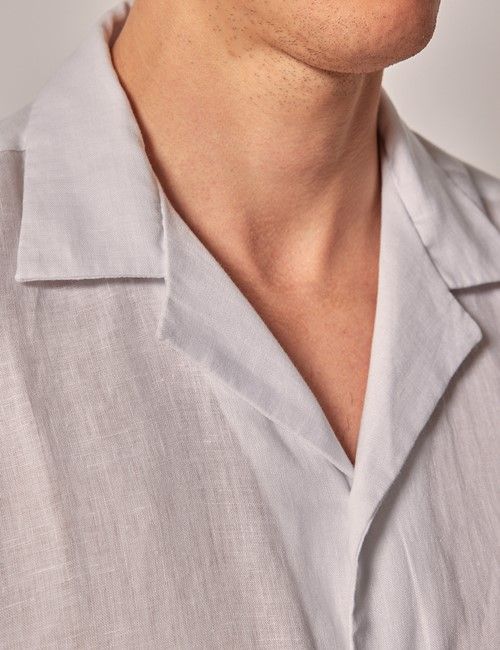 White Linen Slim Short Sleeve Shirt - Revere Collar-preview