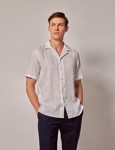 White Linen Slim Short Sleeve Shirt - Revere Collar