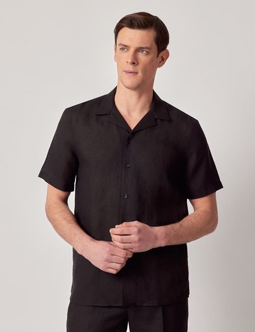 Black Pure Linen Slim Shirt - Short Sleeve - Revere Collar