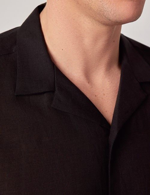 Black Pure Linen Slim Shirt - Short Sleeve - Revere Collar-preview