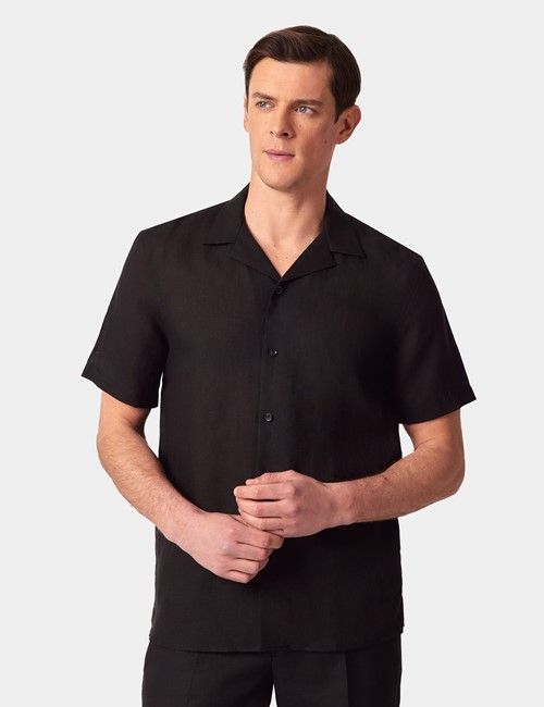 Black Pure Linen Slim Shirt - Short Sleeve - Revere Collar