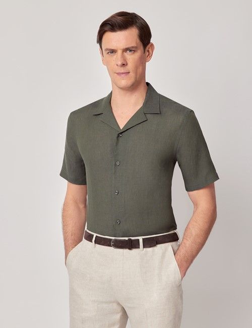 Dark Green Pure Linen Slim Shirt - Short Sleeve - Revere Collar