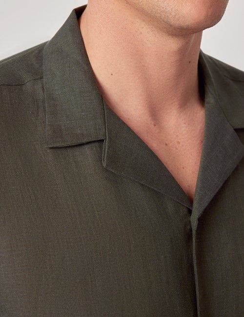 Dark Green Pure Linen Slim Shirt - Short Sleeve - Revere Collar-preview