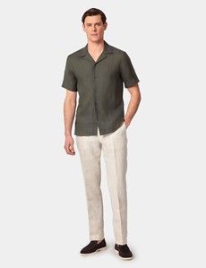 Slim Fit Dark Green Linen Shirt - Short Sleeve