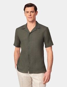 Slim Fit Dark Green Linen Shirt - Short Sleeve