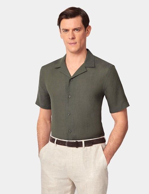 Dark Green Pure Linen Slim Shirt - Short Sleeve - Revere Collar