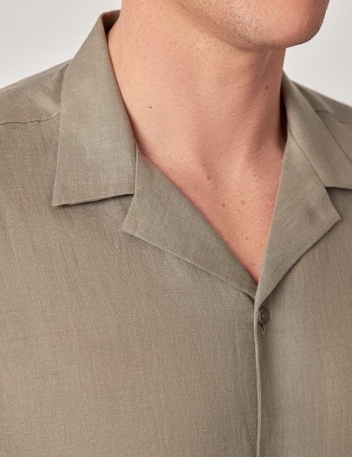 Khaki Pure Linen Slim Shirt - Short Sleeve - Revere Collar-preview