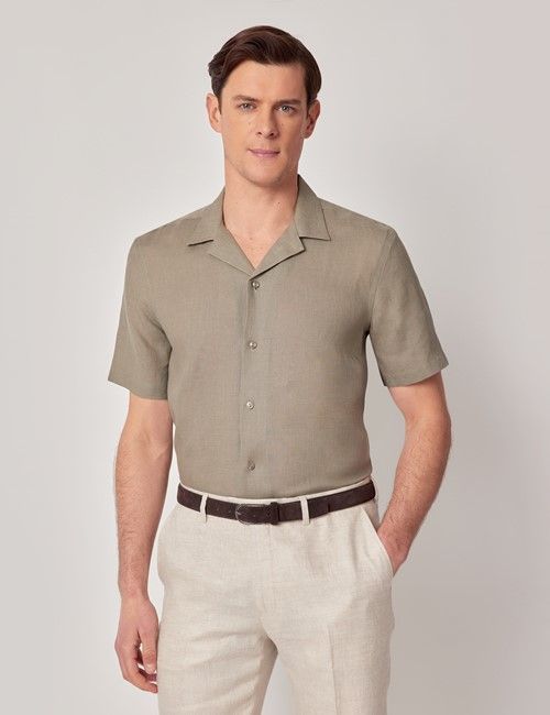Khaki Pure Linen Slim Shirt - Short Sleeve - Revere Collar