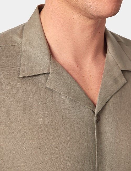 Khaki Pure Linen Slim Shirt - Short Sleeve - Revere Collar-preview