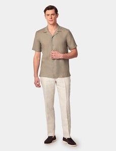 Slim Fit Khaki Linen Shirt - Short Sleeve
