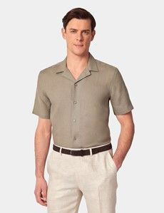 Slim Fit Khaki Linen Shirt - Short Sleeve