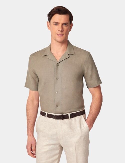 Khaki Pure Linen Slim Shirt - Short Sleeve - Revere Collar
