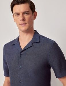 Navy Pure Linen Slim Shirt - Short Sleeve - Revere Collar-preview2