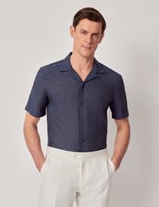 Navy Pure Linen Slim Shirt - Short Sleeve - Revere Collar-preview5
