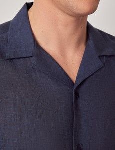 Navy Pure Linen Slim Shirt - Short Sleeve - Revere Collar-preview1