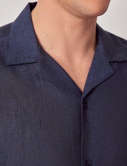Navy Pure Linen Slim Shirt - Short Sleeve - Revere Collar-preview