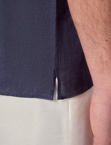 Navy Pure Linen Slim Shirt - Short Sleeve - Revere Collar-preview4