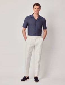 Navy Pure Linen Slim Shirt - Short Sleeve - Revere Collar-preview6