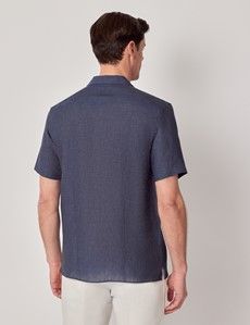 Navy Pure Linen Slim Shirt - Short Sleeve - Revere Collar-preview3