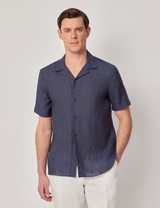 Navy Pure Linen Slim Shirt - Short Sleeve - Revere Collar