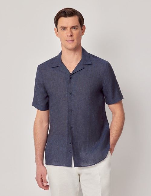 Navy Pure Linen Slim Shirt - Short Sleeve - Revere Collar