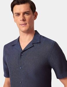 Slim Fit Navy Linen Shirt - Short Sleeve