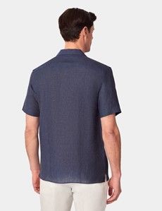 Slim Fit Navy Linen Shirt - Short Sleeve