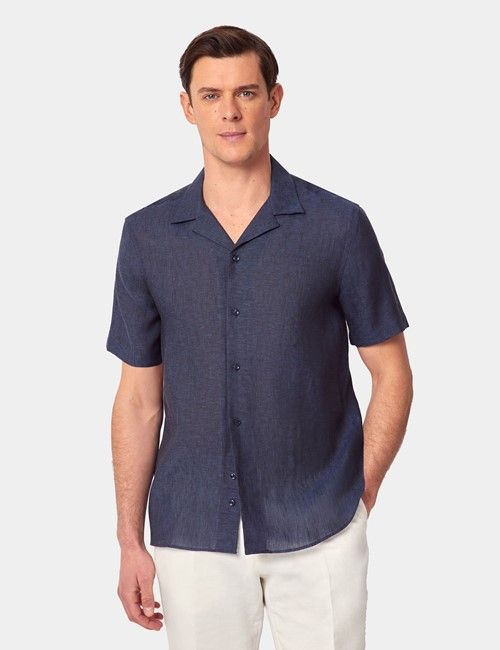 Navy Pure Linen Slim Shirt - Short Sleeve - Revere Collar