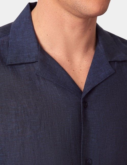 Navy Pure Linen Slim Shirt - Short Sleeve - Revere Collar-preview
