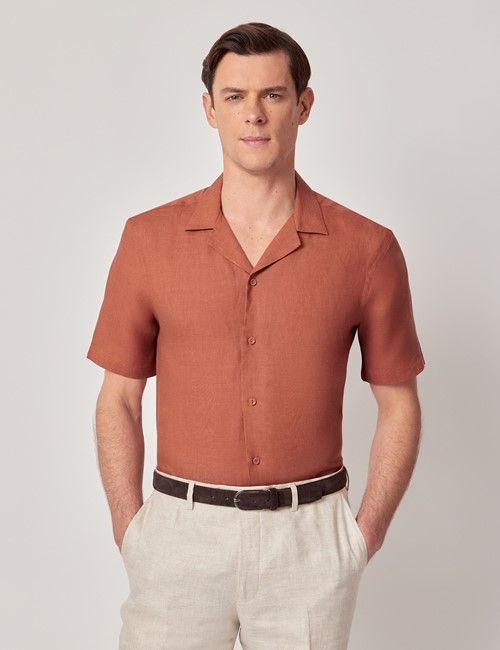 Rust Pure Linen Slim Shirt - Short Sleeve - Revere Collar