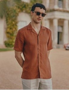 Rust Pure Linen Slim Shirt - Short Sleeve - Revere Collar-preview1