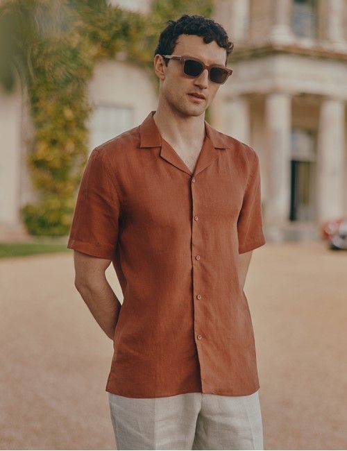 Rust Pure Linen Slim Shirt - Short Sleeve - Revere Collar-preview