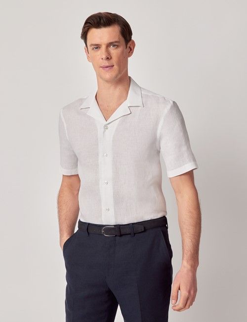 White Linen Slim Short Sleeve Shirt - Revere Collar